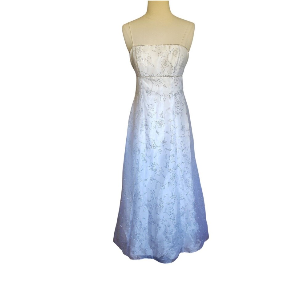 Caché Vintage 90s Glitter Floral Babydoll Wedding Gown Womens 4 White Rhinestone